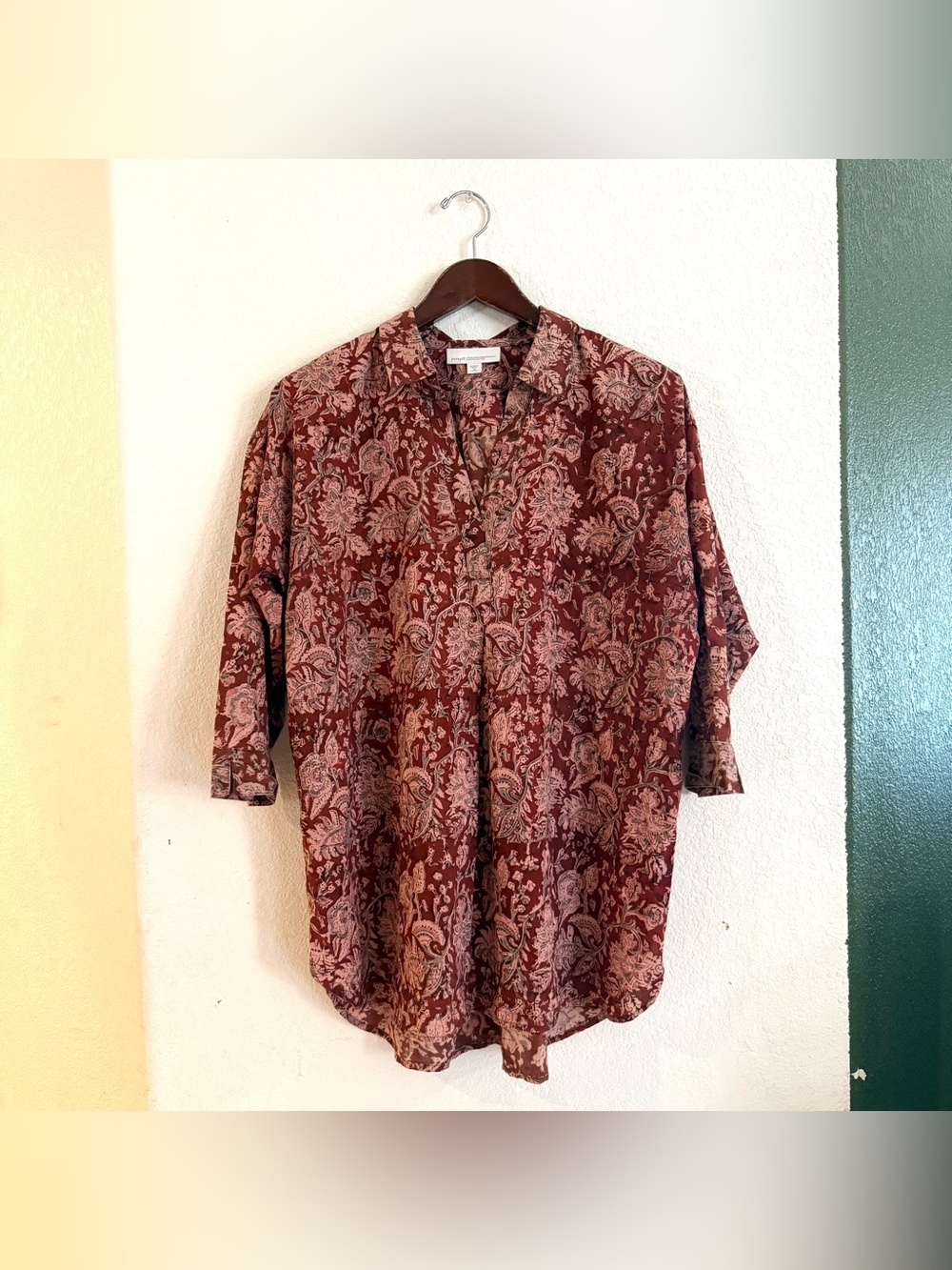 J Jill Womens Shirt Blouse Muted Red Pink Floral Paisley Organic Cotton Medium
